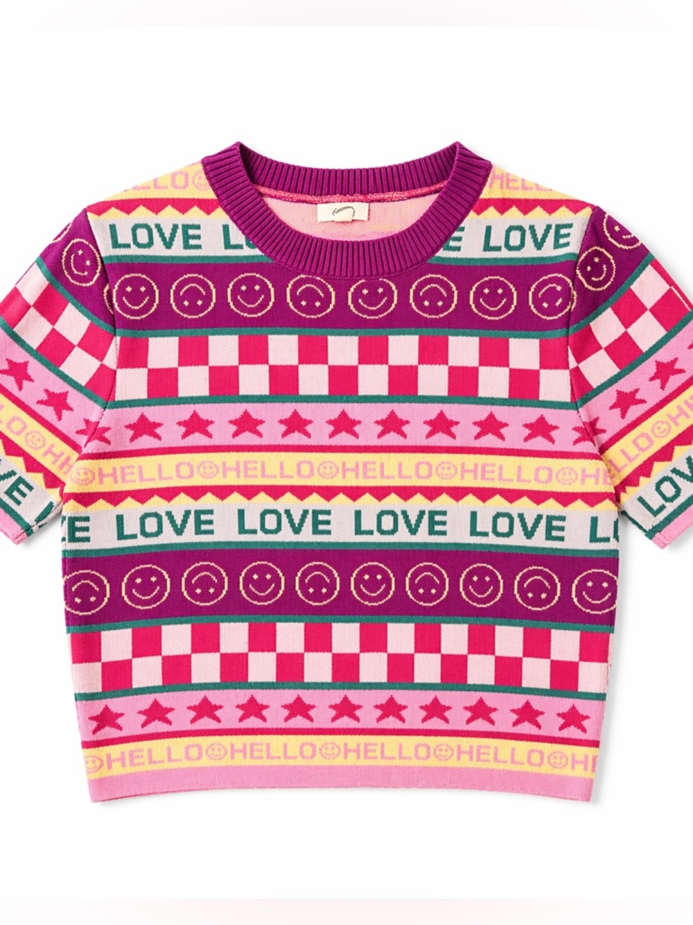 Y2K Short Sleeve Knit Top - Pink Multi Love & Smiley Pattern